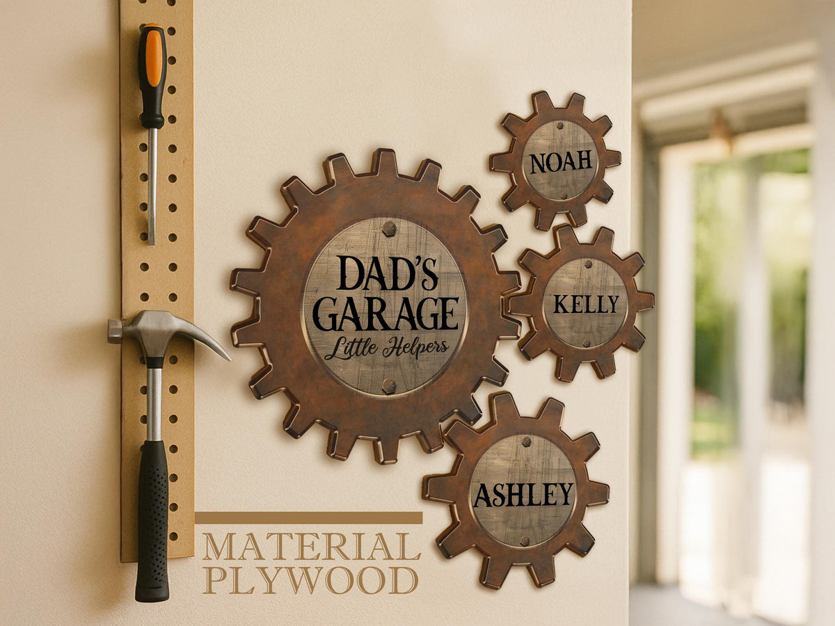 Personalized Dad's Garage Gear Sign, Dad Gift for Fathers Day, Wall Decor Garage Sign for Dad, Grandkids Name Sign For Grandpa Workshop Sign