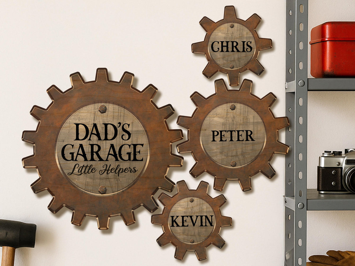 Personalized Dad's Garage Gear Sign, Dad Gift for Fathers Day, Wall Decor Garage Sign for Dad, Grandkids Name Sign For Grandpa Workshop Sign
