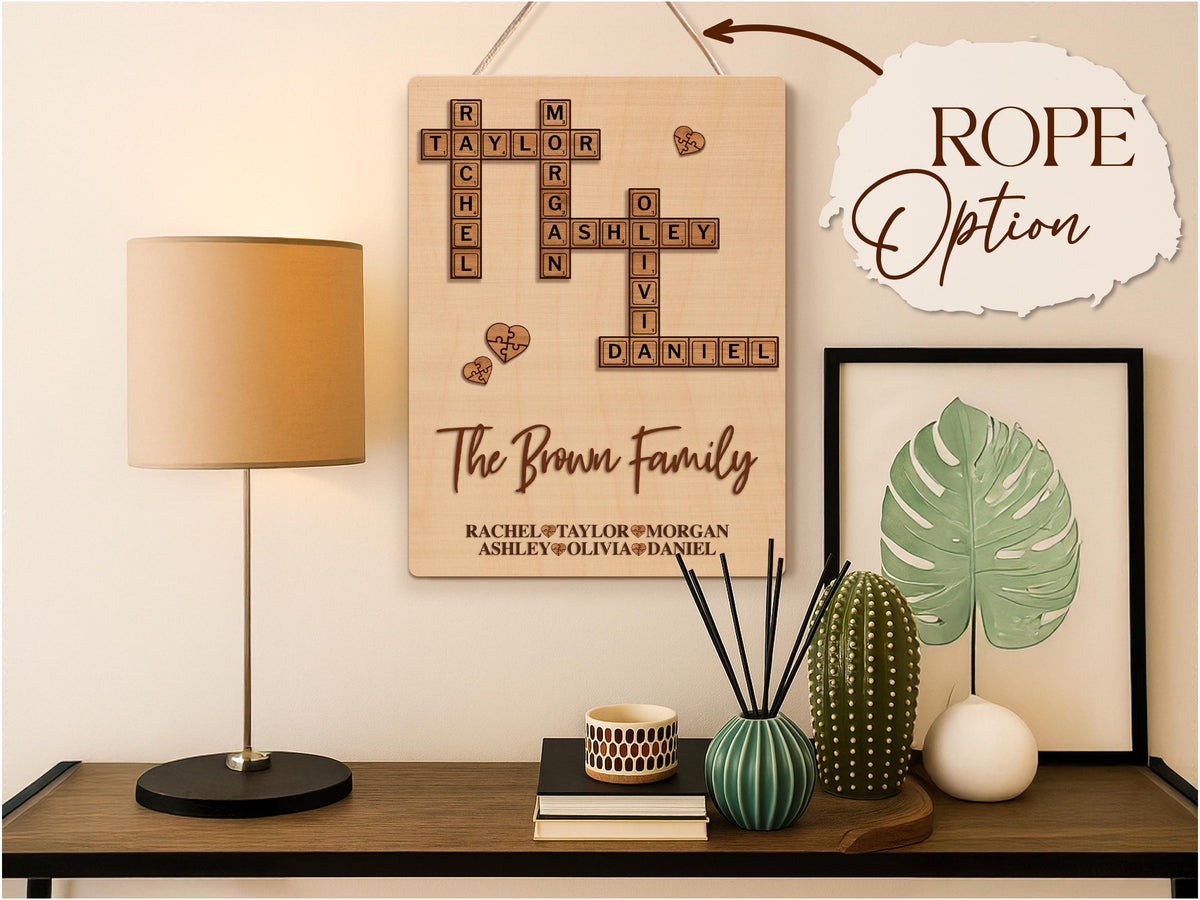 Personalized Family Name Puzzle Sign: Custom Wood Crossword, Grandparent Gift