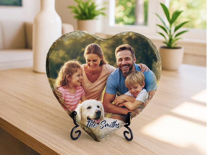 Personalized Heart Shaped Stone Photo Plaque with Stand, Custom Picture Gift for Family, Couples, Pets, Memorial, Unique Home Decor