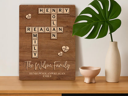 Personalized Family Name Puzzle Sign: Custom Wood Crossword, Grandparent Gift