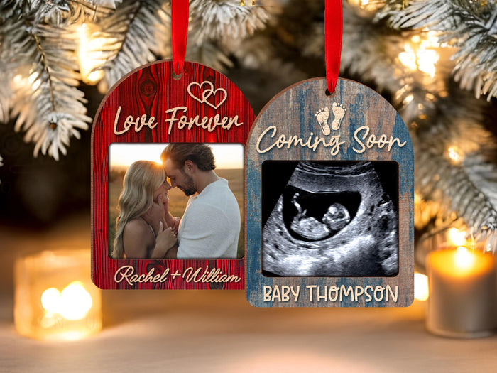 Personalized Wood Photo Ornament: Pregnancy Announcement, Couples Gift