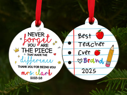 Personalized Teacher Ornament, Best Teacher Ever, Custom Name Christmas Keepsake, End of Year, Preschool Teacher, Holiday Gift, Thank You