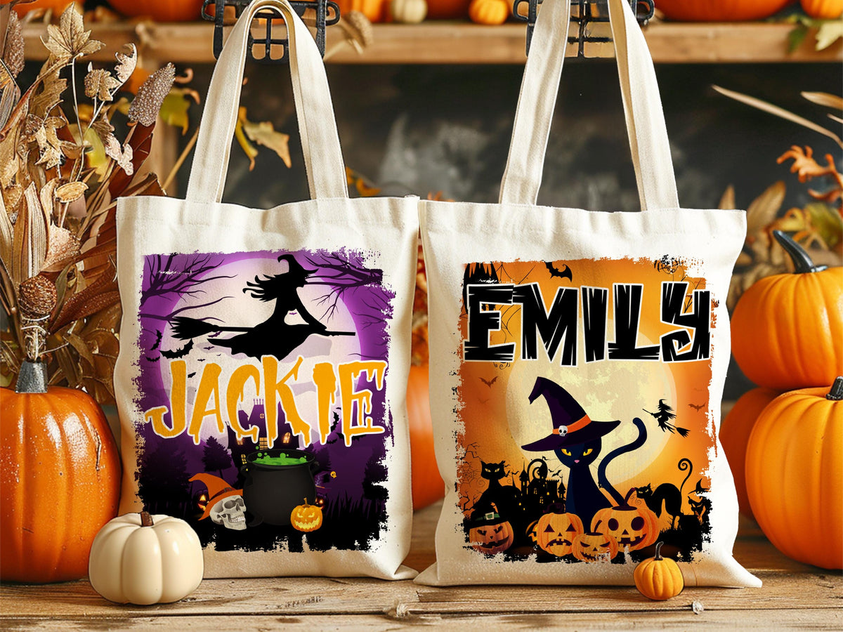 Personalized Halloween Trick or Treat Bag: Witch, Cat, Castle Design