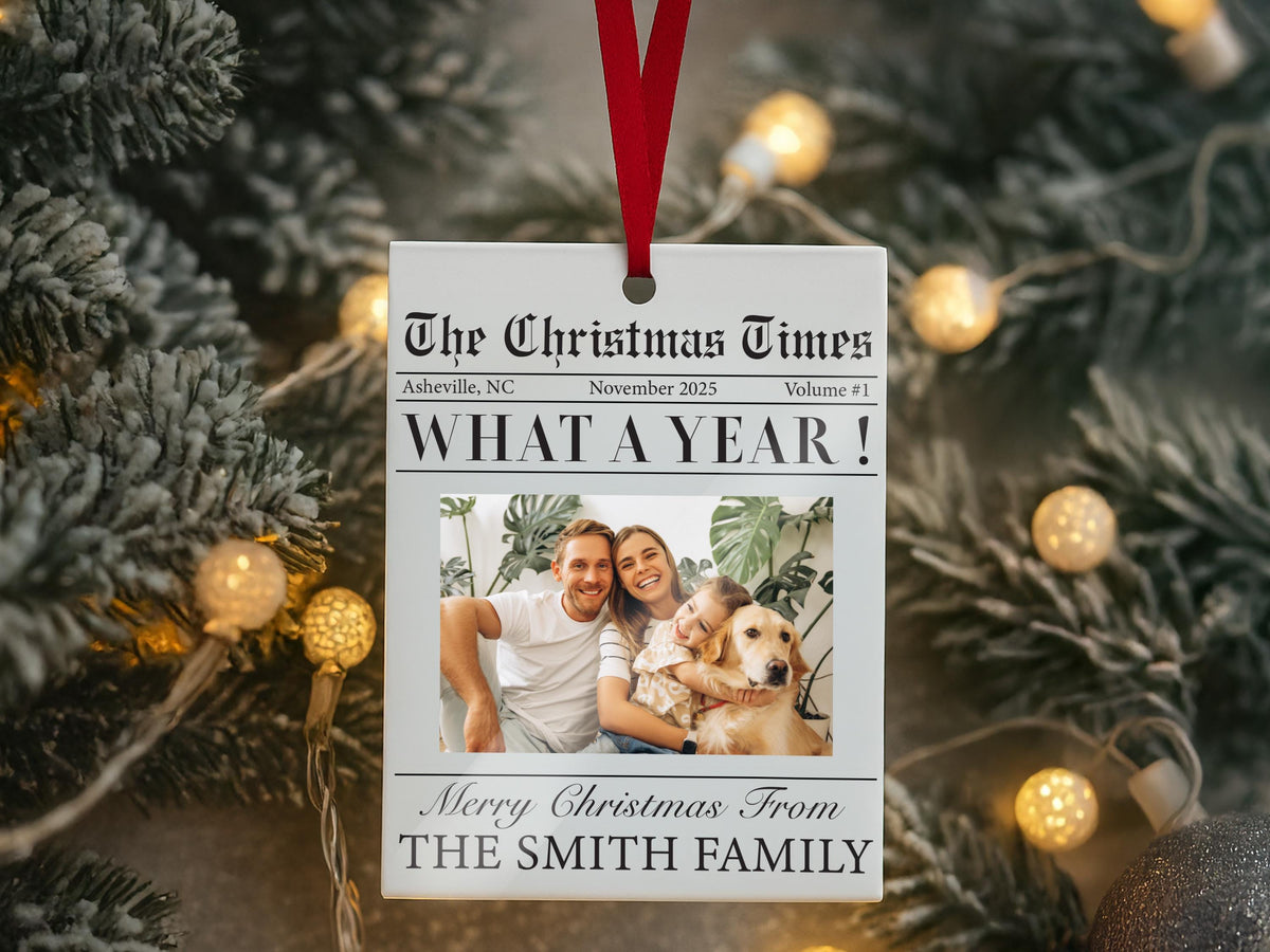 Custom Family Christmas Photo Ornament for Family Keepsake Gift, The Christmas Times What A Year Newspaper Ornament; Clear Acrylic 3"x4"