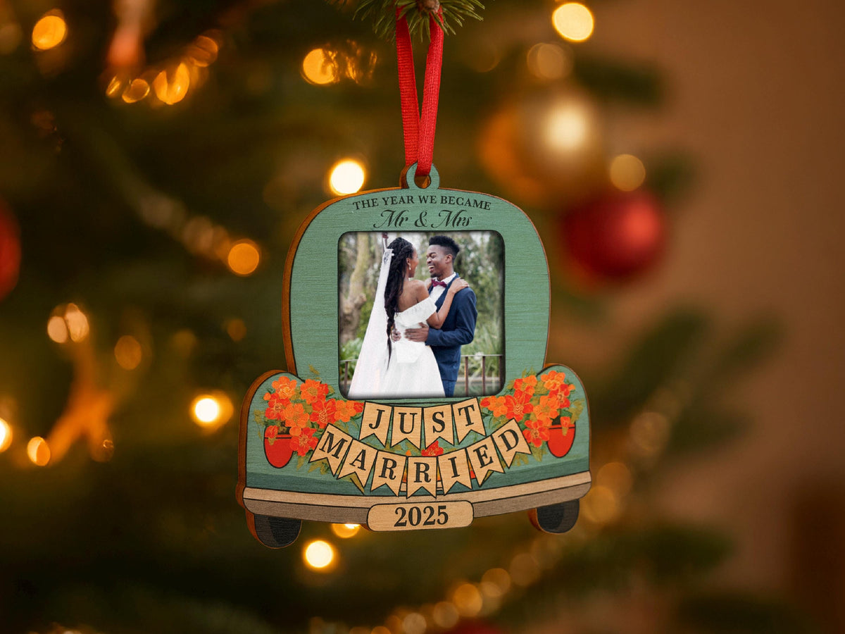 Custom Just Married Car Ornament: Wooden Wedding Keepsake For Christmas