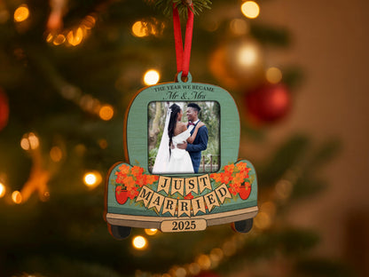Custom Just Married Car Ornament: Wooden Wedding Keepsake For Christmas