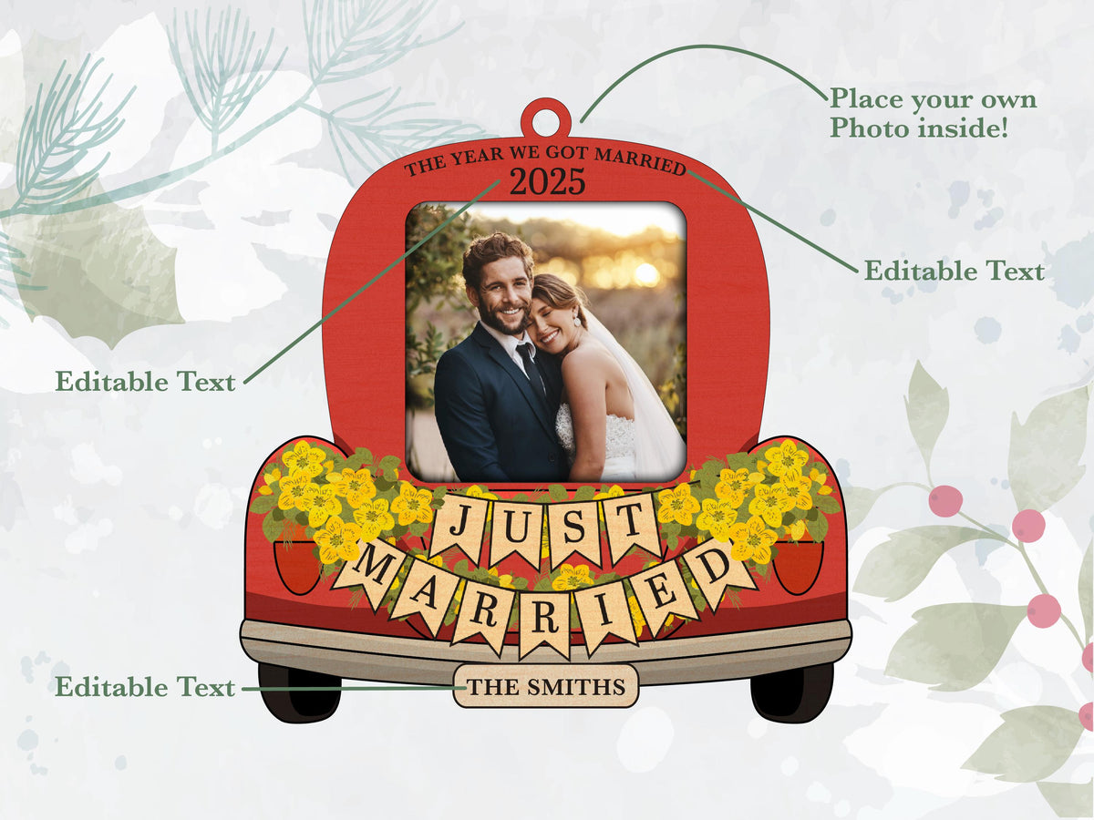 Custom Just Married Car Ornament: Wooden Wedding Keepsake For Christmas