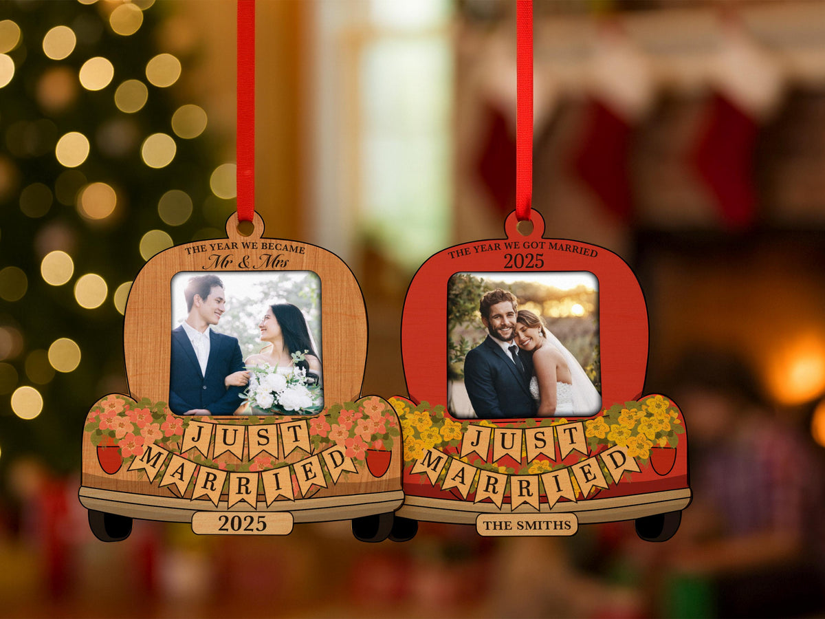 Custom Just Married Car Ornament: Wooden Wedding Keepsake For Christmas