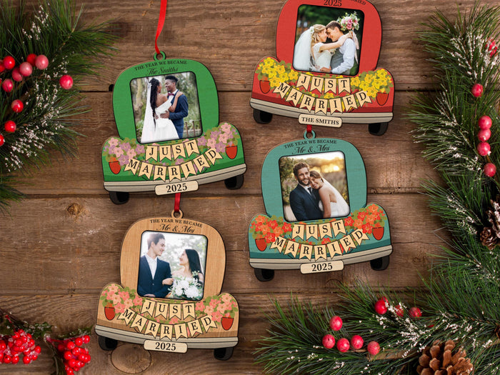 Custom Just Married Car Ornament: Wooden Wedding Keepsake For Christmas