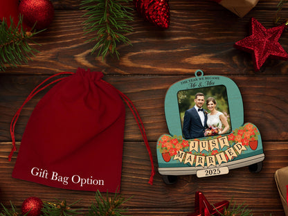 Custom Just Married Car Ornament: Wooden Wedding Keepsake For Christmas