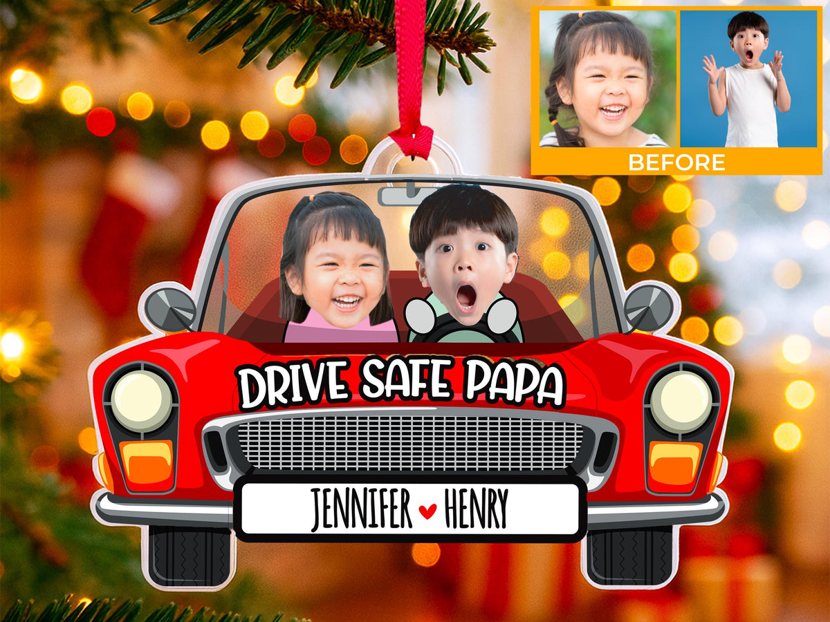 Photo Dad Ornament for Christmas, Custom Kids Picture Acrylic Ornament, Personalized Car Accessories for Dad, Photo Car Hanging Gift for Dad