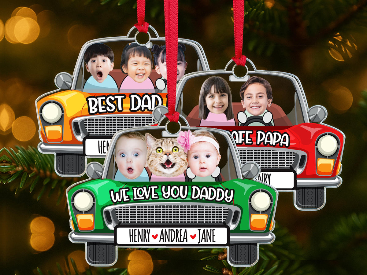 Photo Dad Ornament for Christmas, Custom Kids Picture Acrylic Ornament, Personalized Car Accessories for Dad, Photo Car Hanging Gift for Dad