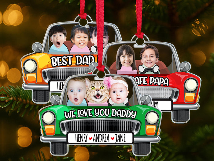 Photo Dad Ornament for Christmas, Custom Kids Picture Acrylic Ornament, Personalized Car Accessories for Dad, Photo Car Hanging Gift for Dad