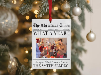 Custom Family Christmas Photo Ornament for Family Keepsake Gift, The Christmas Times What A Year Newspaper Ornament; Clear Acrylic 3"x4"