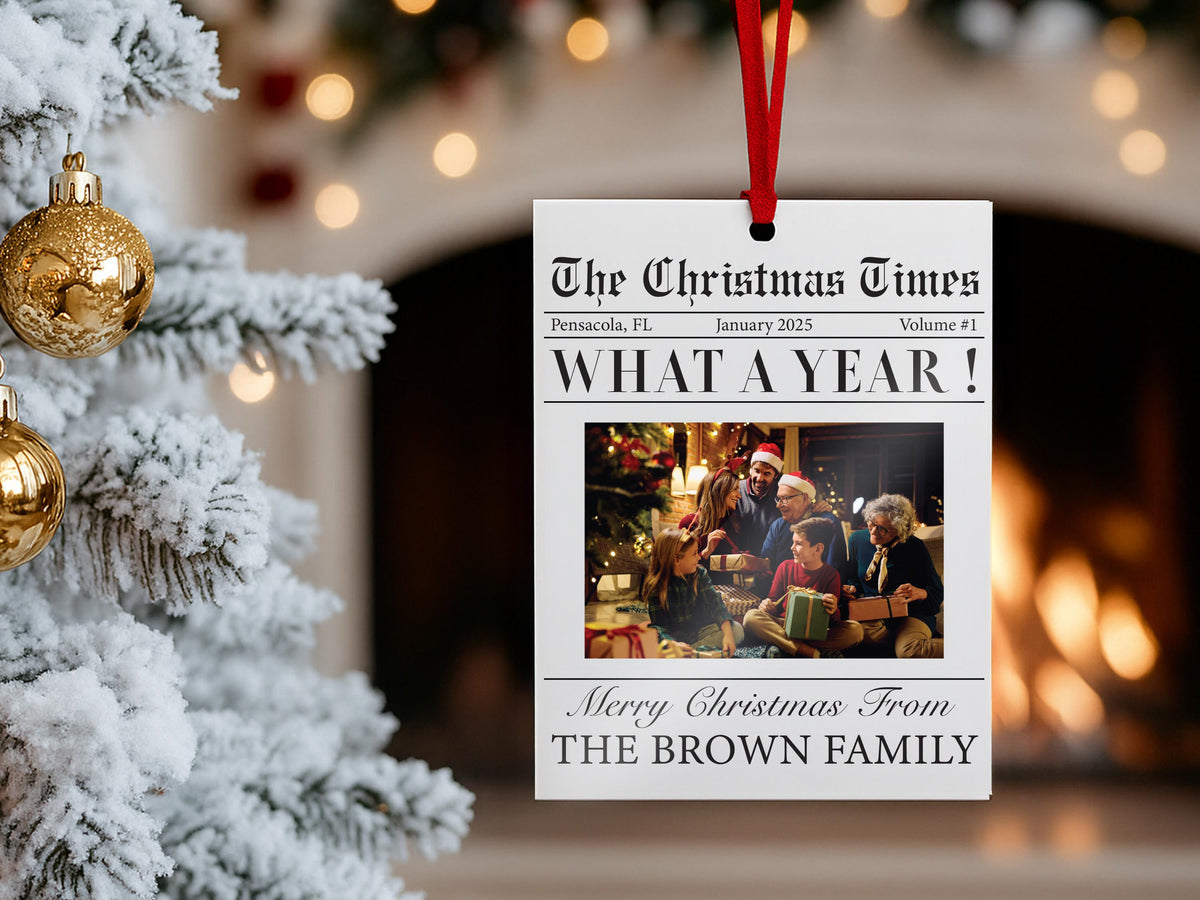 Custom Family Christmas Photo Ornament for Family Keepsake Gift, The Christmas Times What A Year Newspaper Ornament; Clear Acrylic 3"x4"