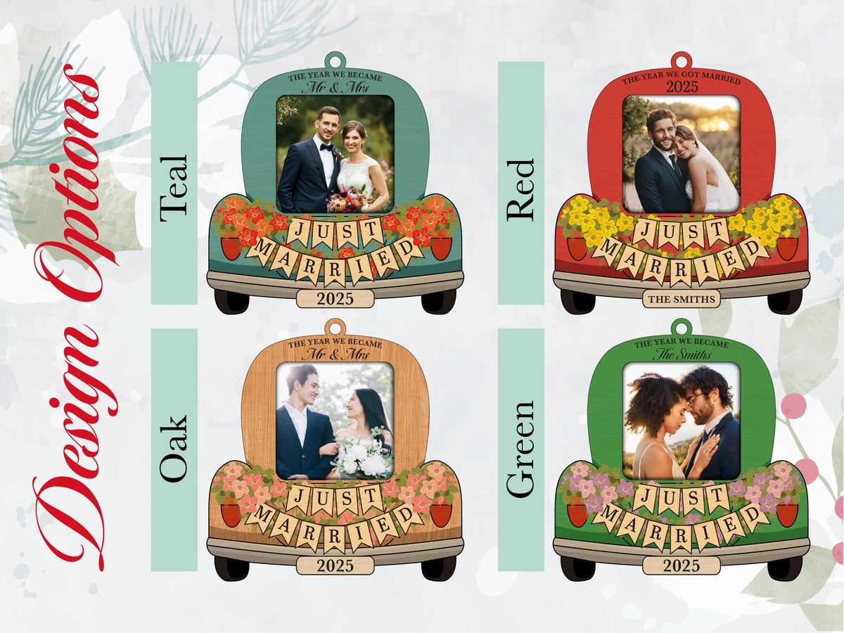 Custom Just Married Car Ornament: Wooden Wedding Keepsake For Christmas