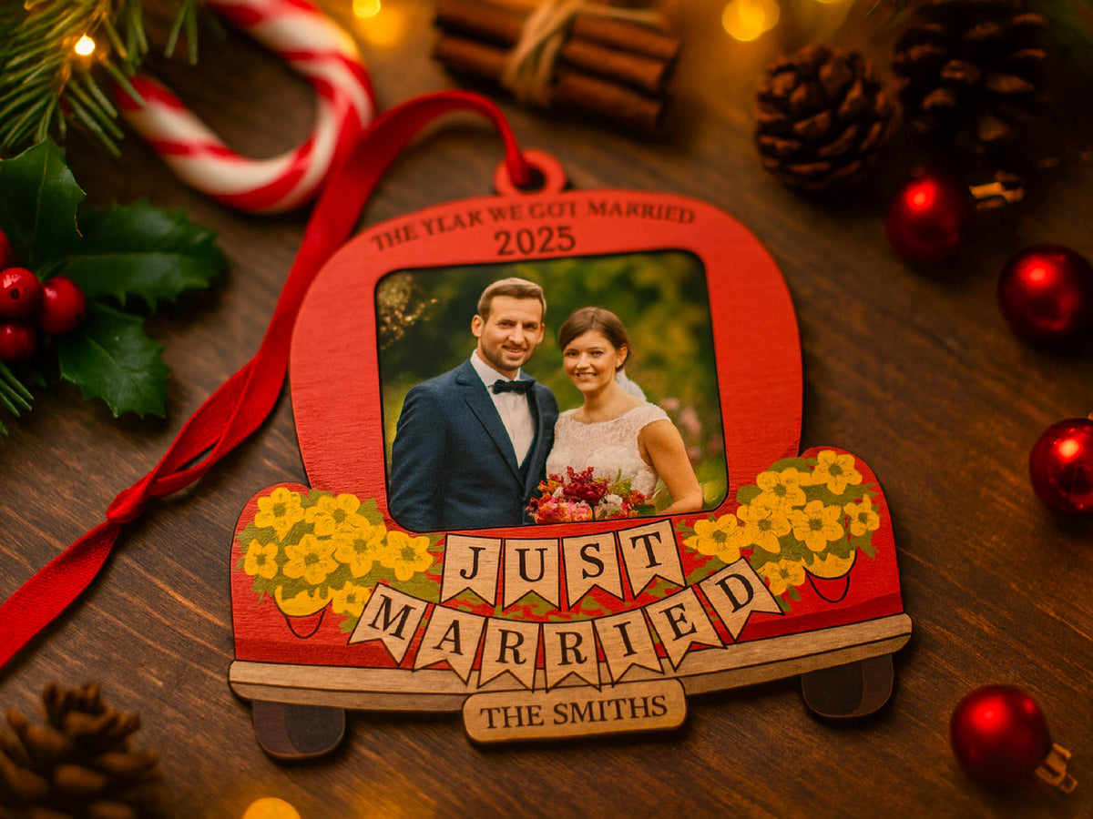 Custom Just Married Car Ornament: Wooden Wedding Keepsake For Christmas