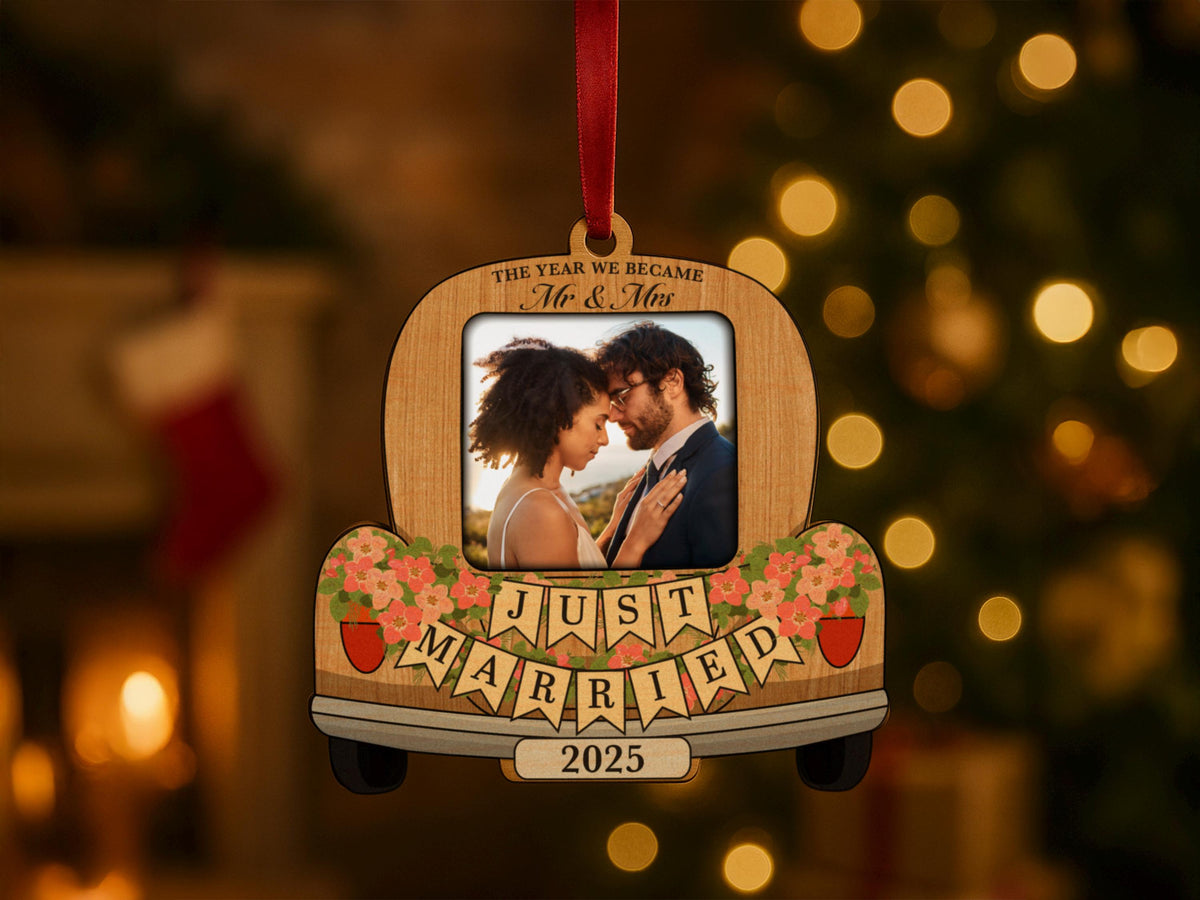 Custom Just Married Car Ornament: Wooden Wedding Keepsake For Christmas
