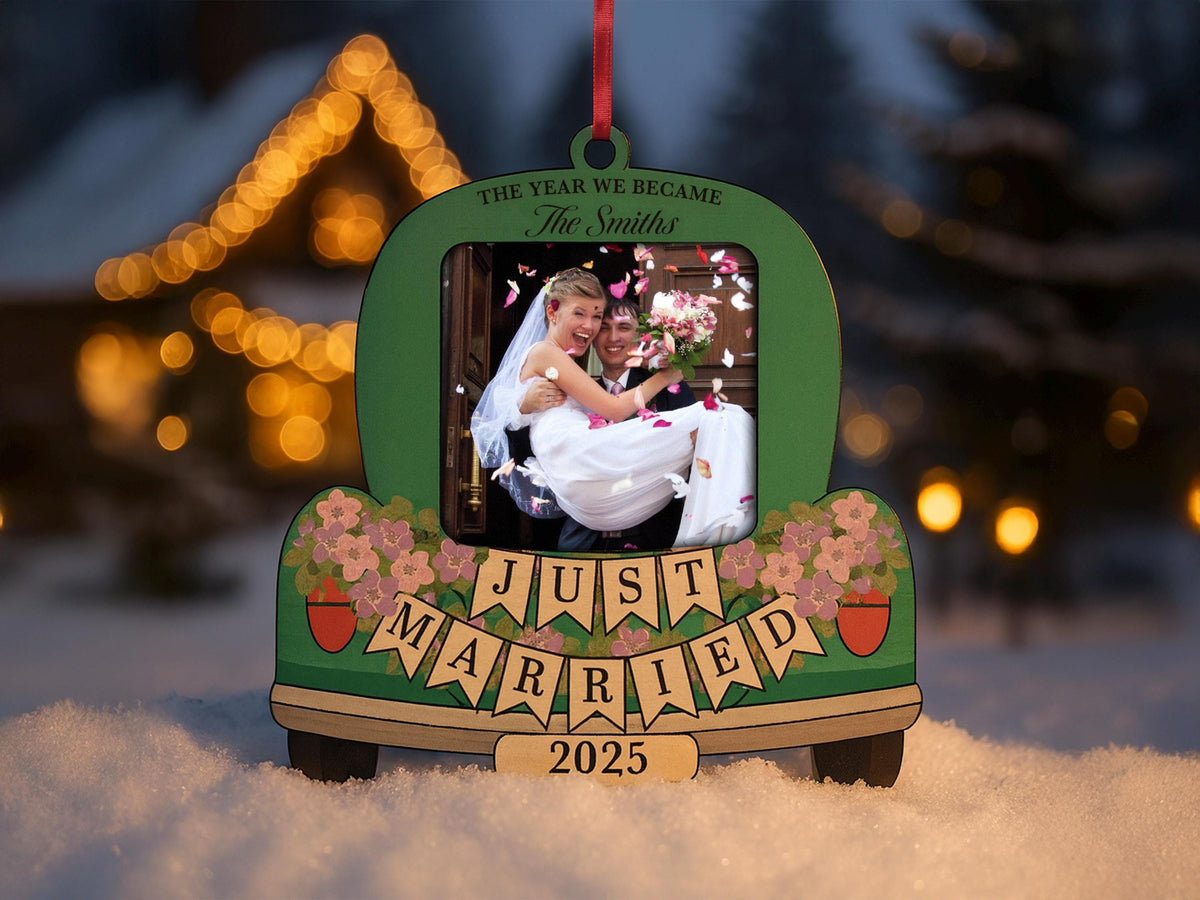 Custom Just Married Car Ornament: Wooden Wedding Keepsake For Christmas
