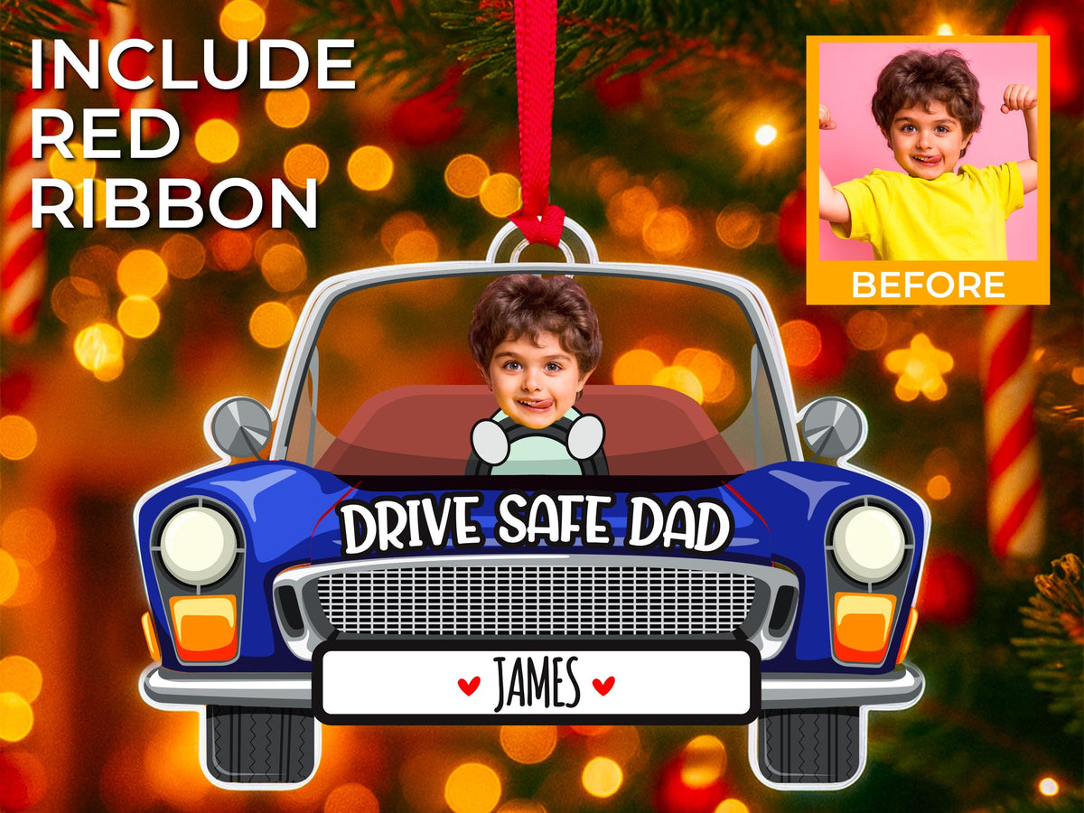 Photo Dad Ornament for Christmas, Custom Kids Picture Acrylic Ornament, Personalized Car Accessories for Dad, Photo Car Hanging Gift for Dad