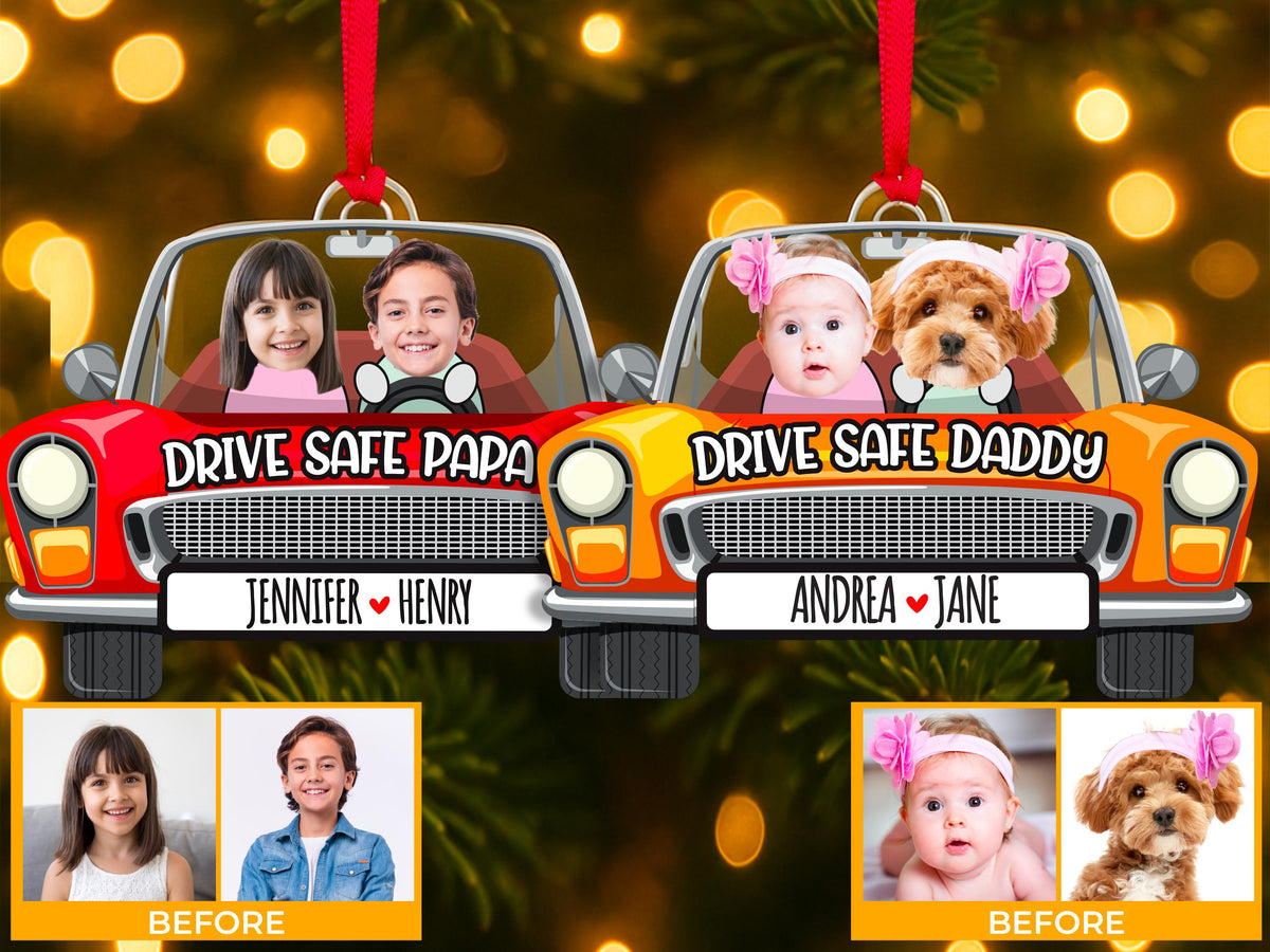 Photo Dad Ornament for Christmas, Custom Kids Picture Acrylic Ornament, Personalized Car Accessories for Dad, Photo Car Hanging Gift for Dad