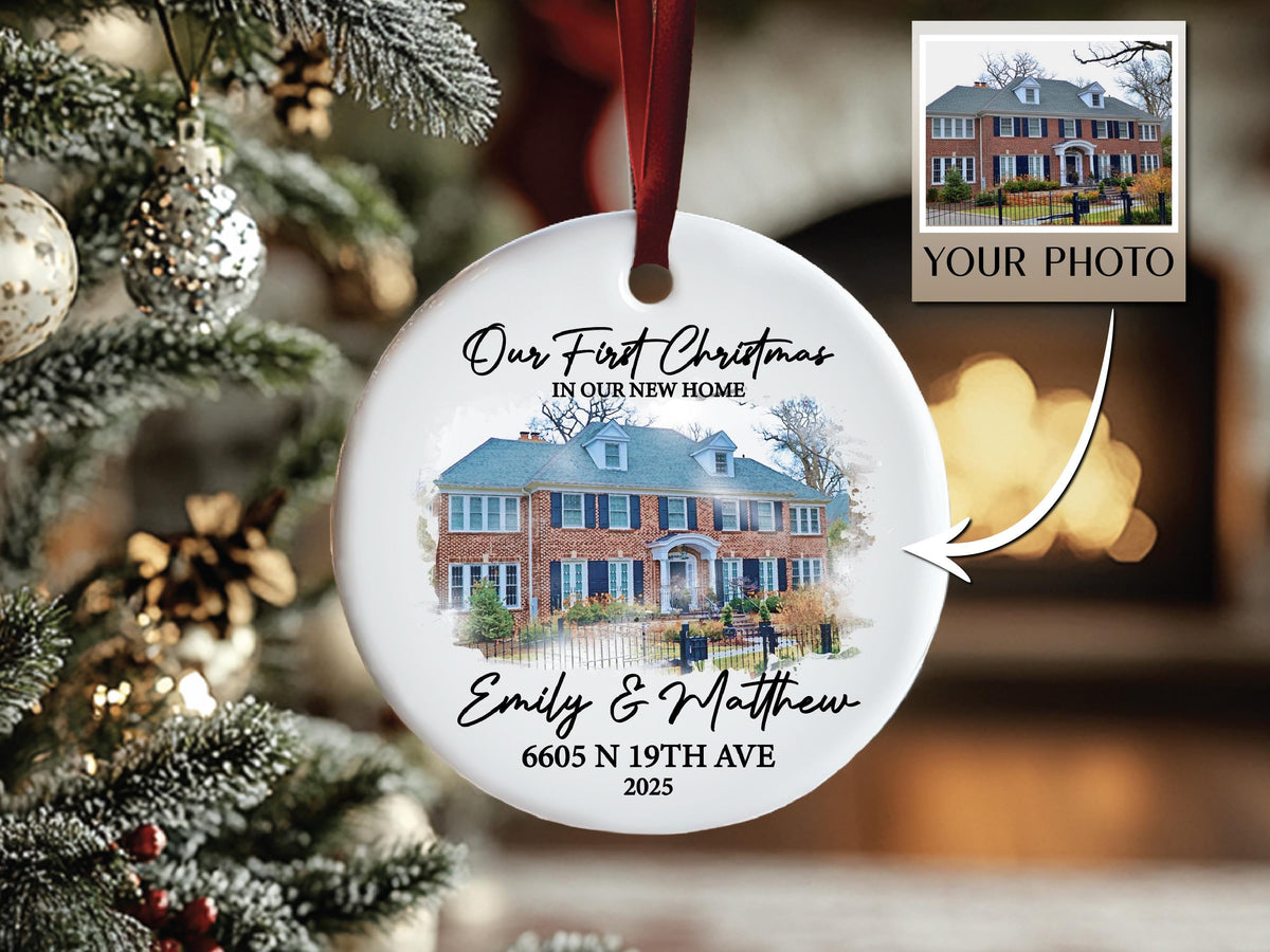 New Home Ornament, Custom Christmas Ornament, Watercolor Photo Ornament, Housewarming Gifts, First Christmas in Our New Home Gifts Realtor