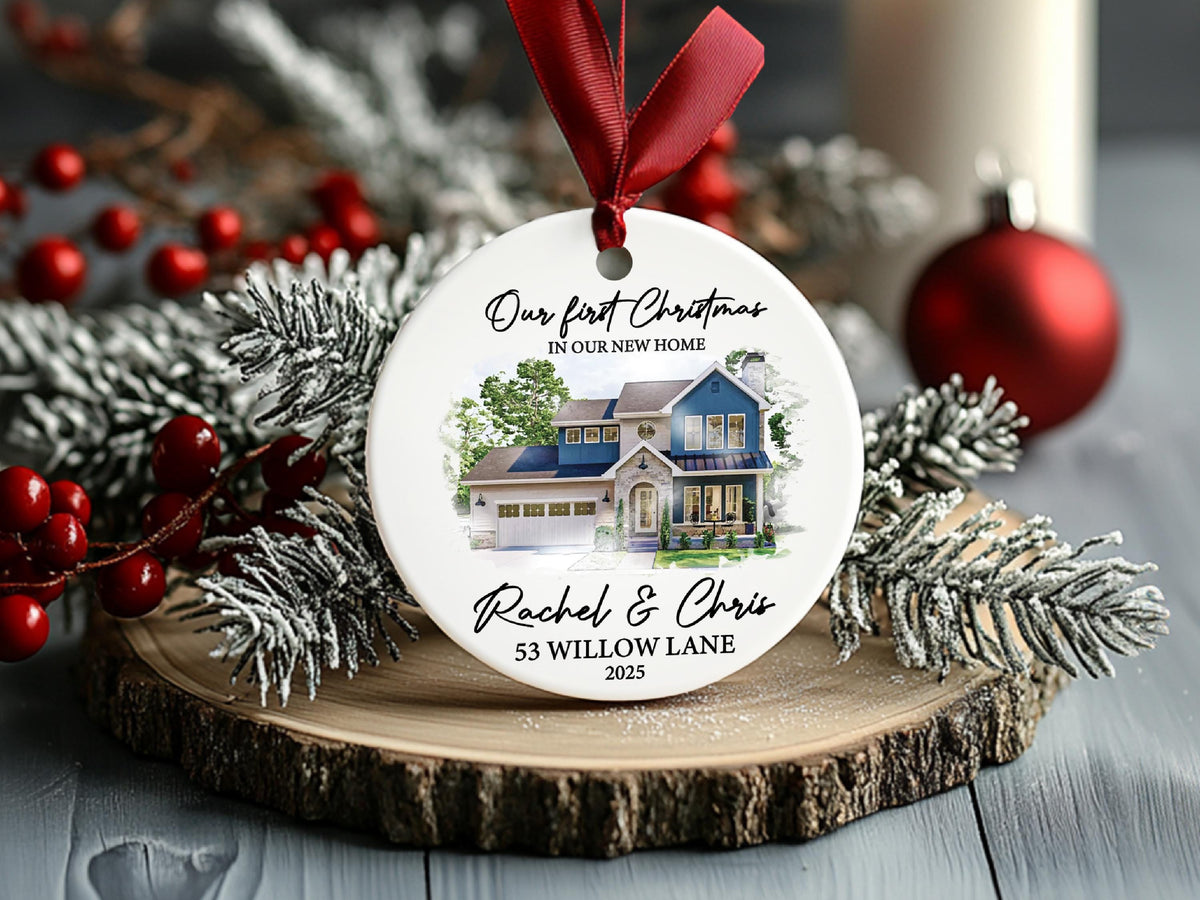 New Home Ornament, Custom Christmas Ornament, Watercolor Photo Ornament, Housewarming Gifts, First Christmas in Our New Home Gifts Realtor