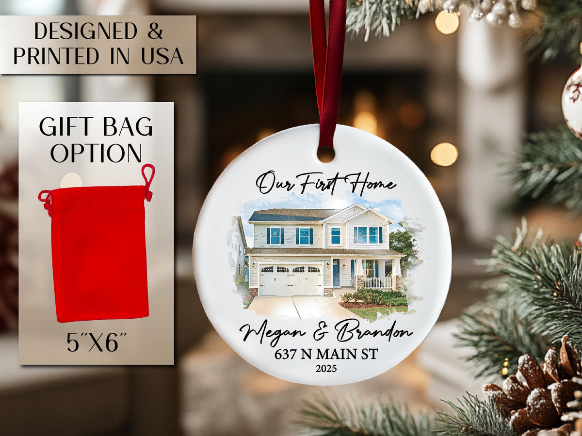 New Home Ornament, Custom Christmas Ornament, Watercolor Photo Ornament, Housewarming Gifts, First Christmas in Our New Home Gifts Realtor