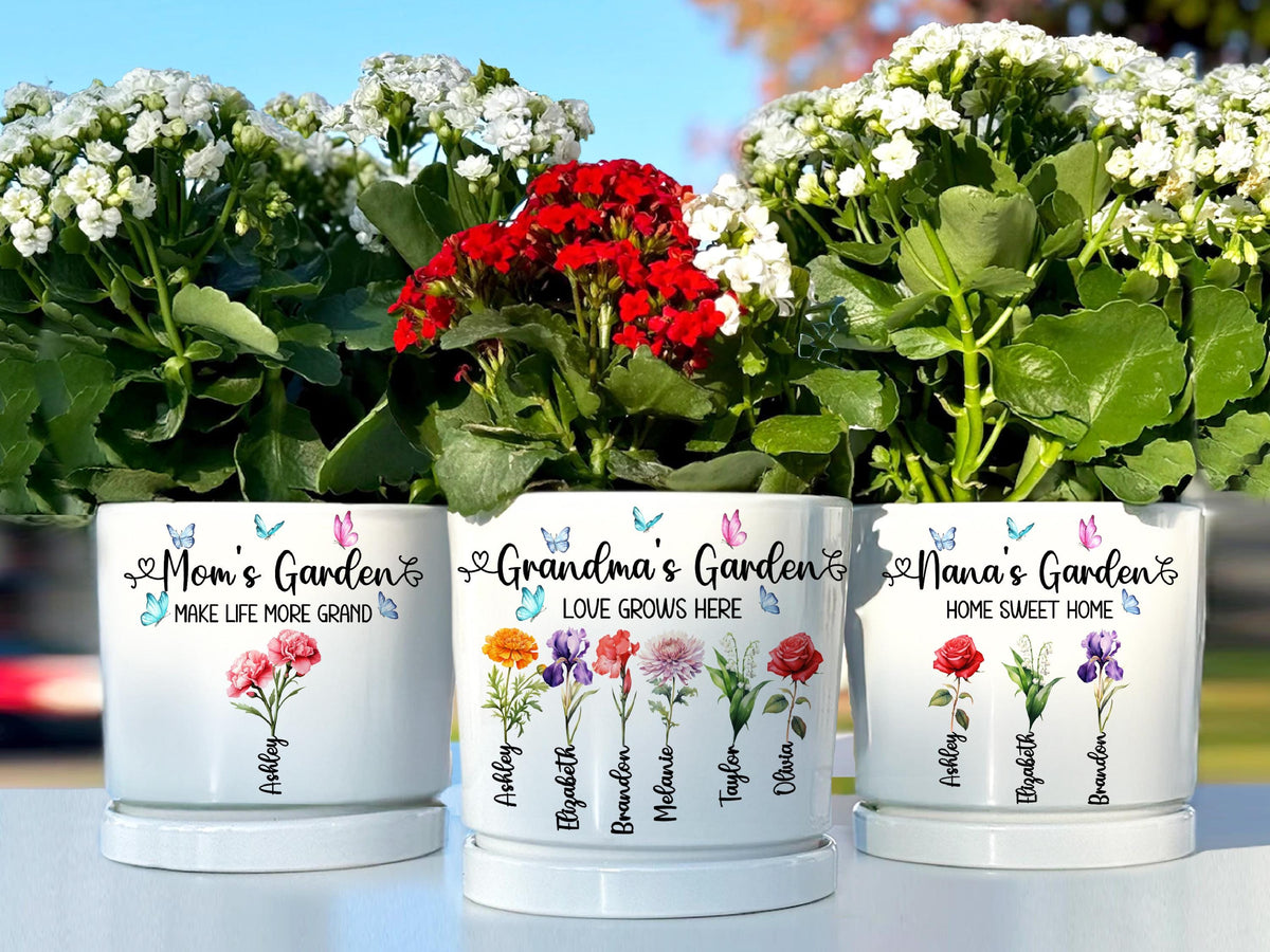 Grandma Gift, Personalized Gifts for Mom, Mom Birthday Gift, Ceramic Pot, Birth Flower Mom Gifts from Daughter, Grandmas Garden Plant Pot