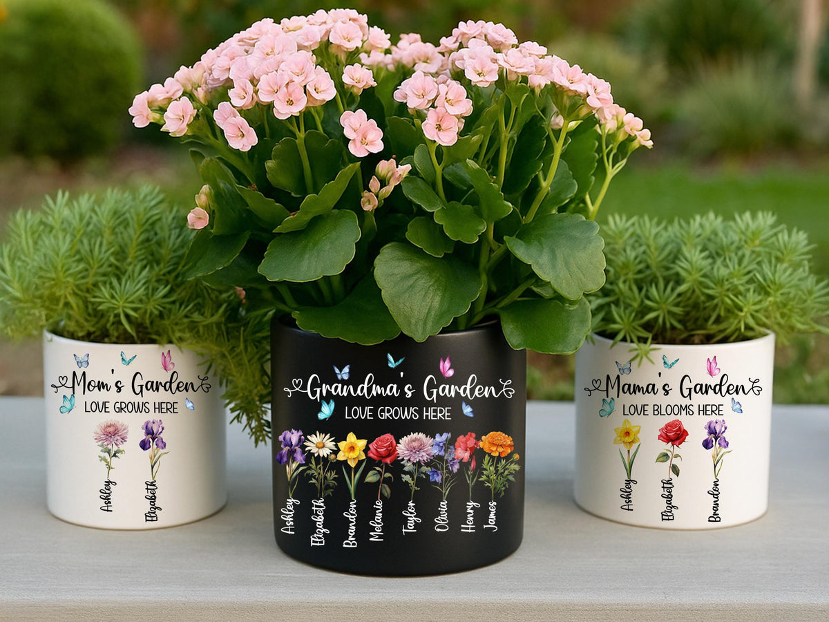 Grandma Gift, Personalized Gifts for Mom, Mom Birthday Gift, Ceramic Pot, Birth Flower Mom Gifts from Daughter, Grandmas Garden Plant Pot