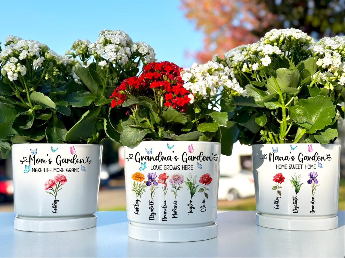 Grandma Gift, Personalized Gifts for Mom, Mom Birthday Gift, Ceramic Pot, Birth Flower Mom Gifts from Daughter, Grandmas Garden Plant Pot