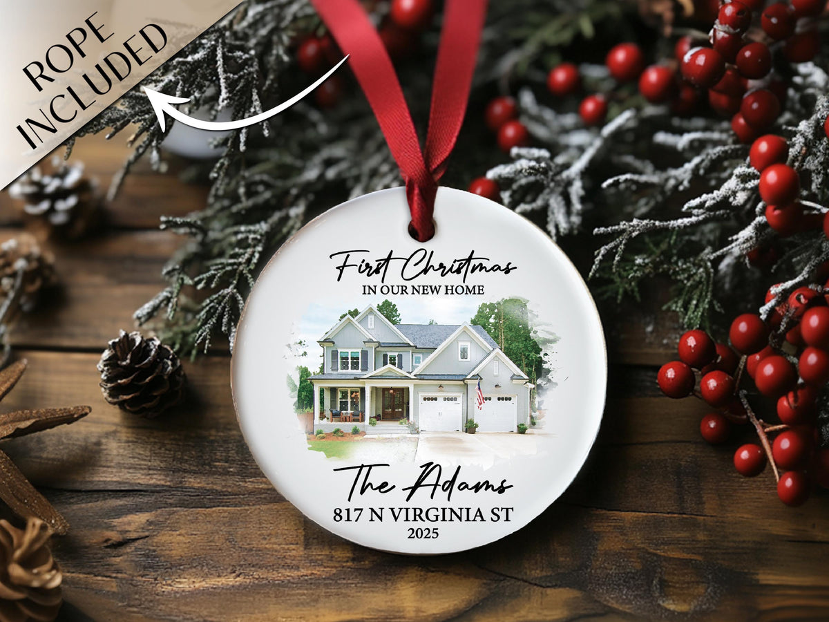 New Home Ornament, Custom Christmas Ornament, Watercolor Photo Ornament, Housewarming Gifts, First Christmas in Our New Home Gifts Realtor
