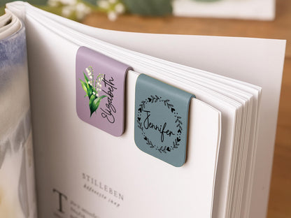 Birth Flower Magnetic Bookmark, Custom Name Leather Bookmark Personalized Bookmark with Name, Book Lover Christmas Gift Women Book Accessory