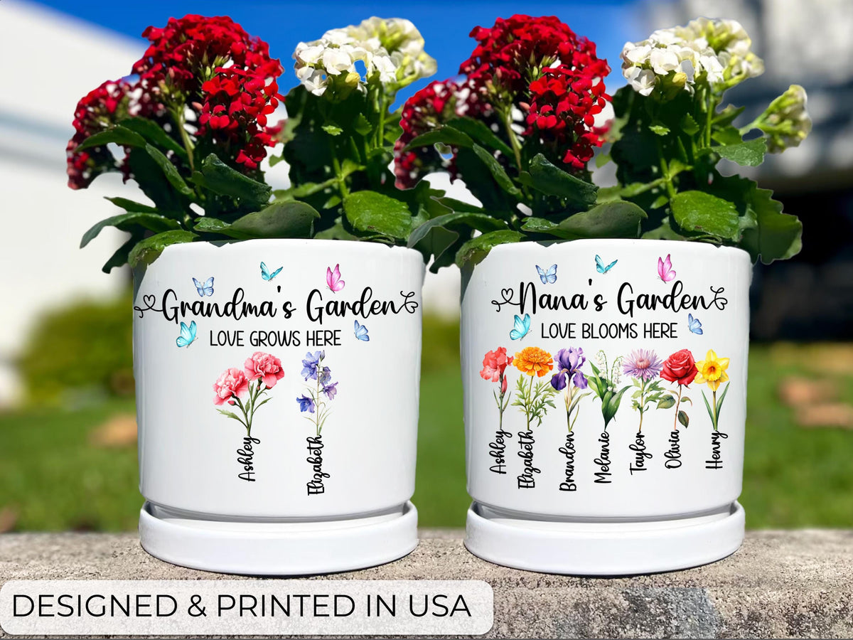 Grandma Gift, Personalized Gifts for Mom, Mom Birthday Gift, Ceramic Pot, Birth Flower Mom Gifts from Daughter, Grandmas Garden Plant Pot