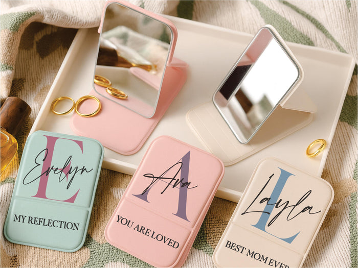 Custom Name Compact Mirror, Personalized Bridesmaid Gift, Flower Girl Mother of the Bride, Engraved Initial Travel Pocket Mirror