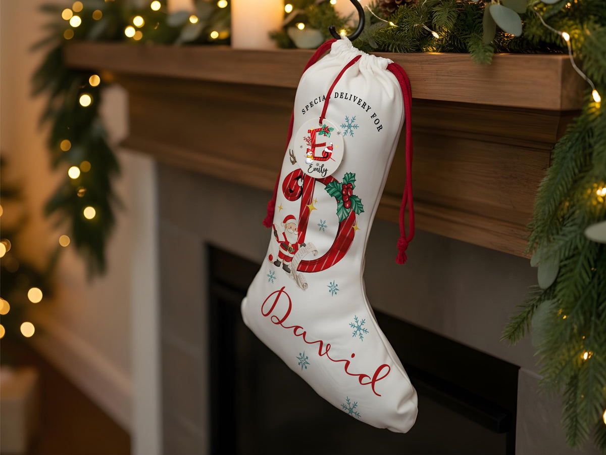 Custom Christmas Santa Stocking with Name, Personalized Christmas Stocking, Special Delivery Kids Stocking for Holiday Family Xmas Gifts