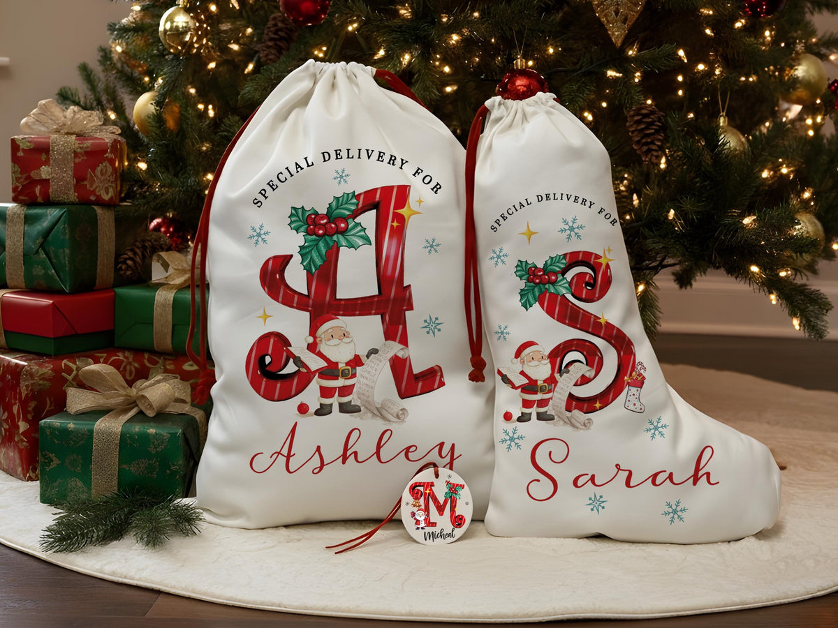Custom Christmas Santa Stocking with Name, Personalized Christmas Stocking, Special Delivery Kids Stocking for Holiday Family Xmas Gifts