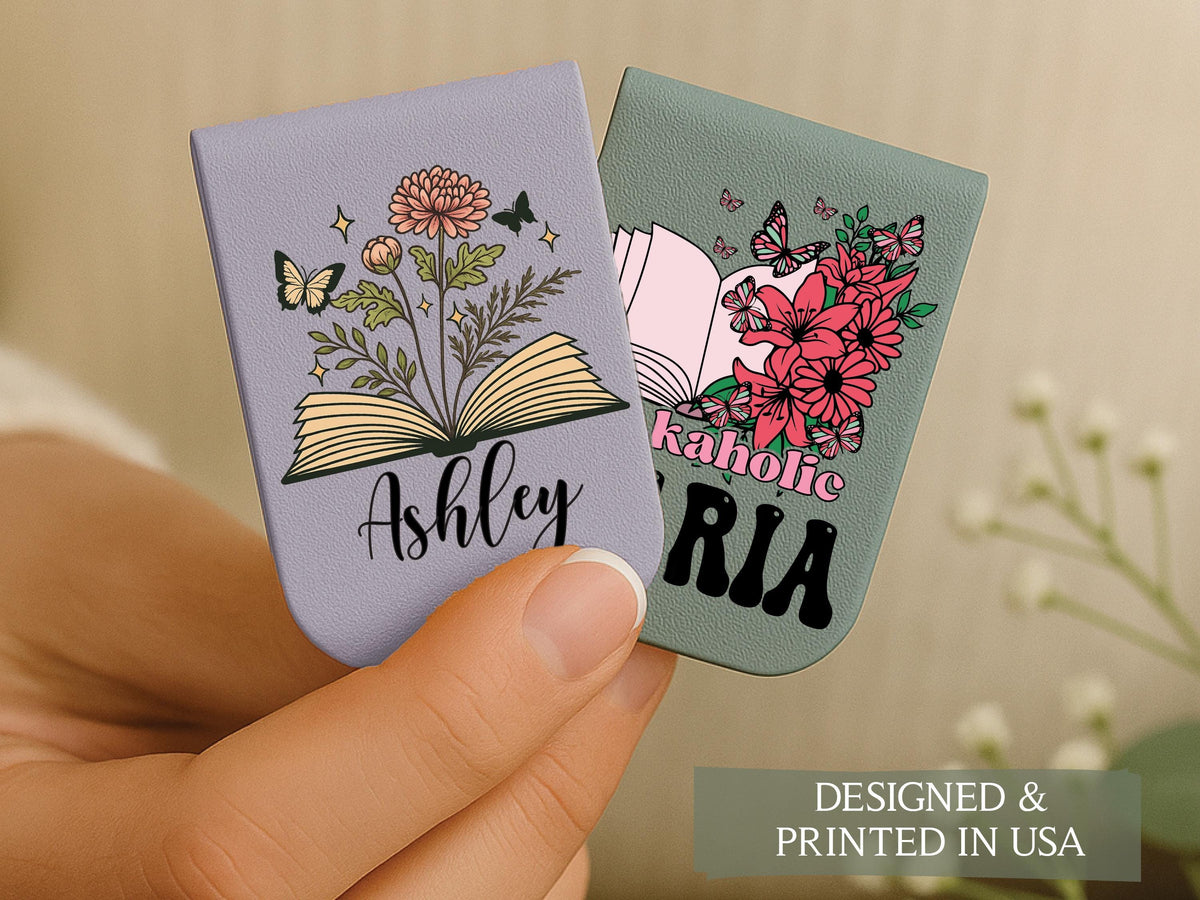 Personalized Magnetic Leather Bookmark, Custom Name Floral Book Lover Gift, Teacher Appreciation Gift, Reading Accessory, Book Club