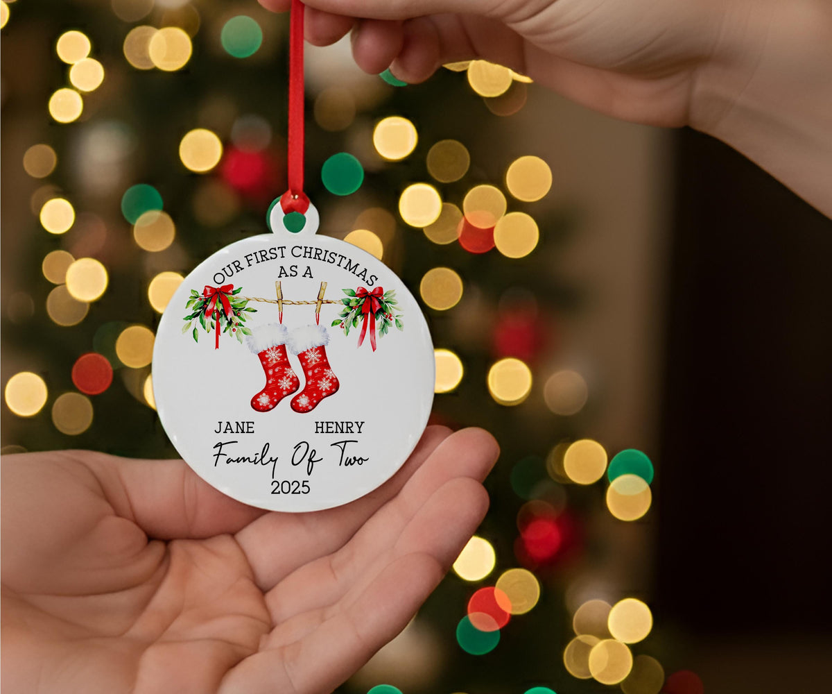 Family Christmas Stocking Ornament 2025, Personalized New Family Ornament, Our First Christmas as a Family Keepsake, Custom Family Name Gift