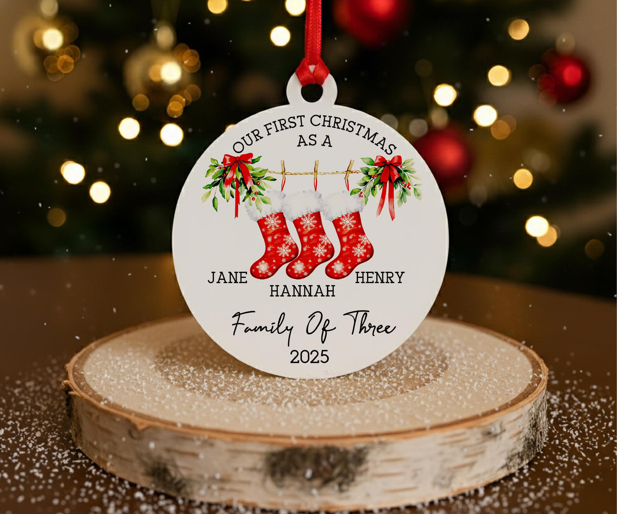 Family Christmas Stocking Ornament 2025, Personalized New Family Ornament, Our First Christmas as a Family Keepsake, Custom Family Name Gift