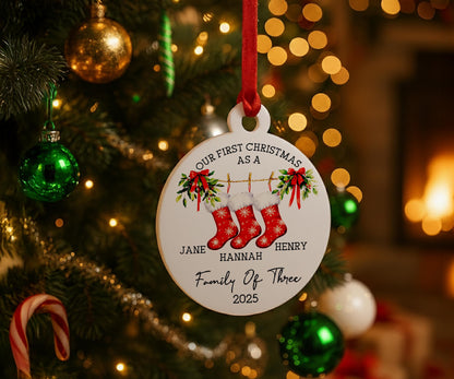 Family Christmas Stocking Ornament 2025, Personalized New Family Ornament, Our First Christmas as a Family Keepsake, Custom Family Name Gift