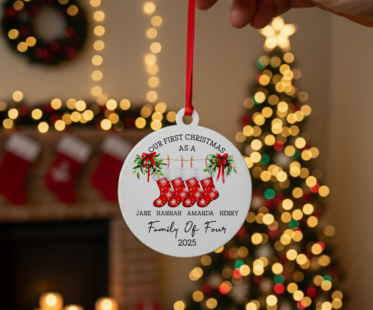 Family Christmas Stocking Ornament 2025, Personalized New Family Ornament, Our First Christmas as a Family Keepsake, Custom Family Name Gift