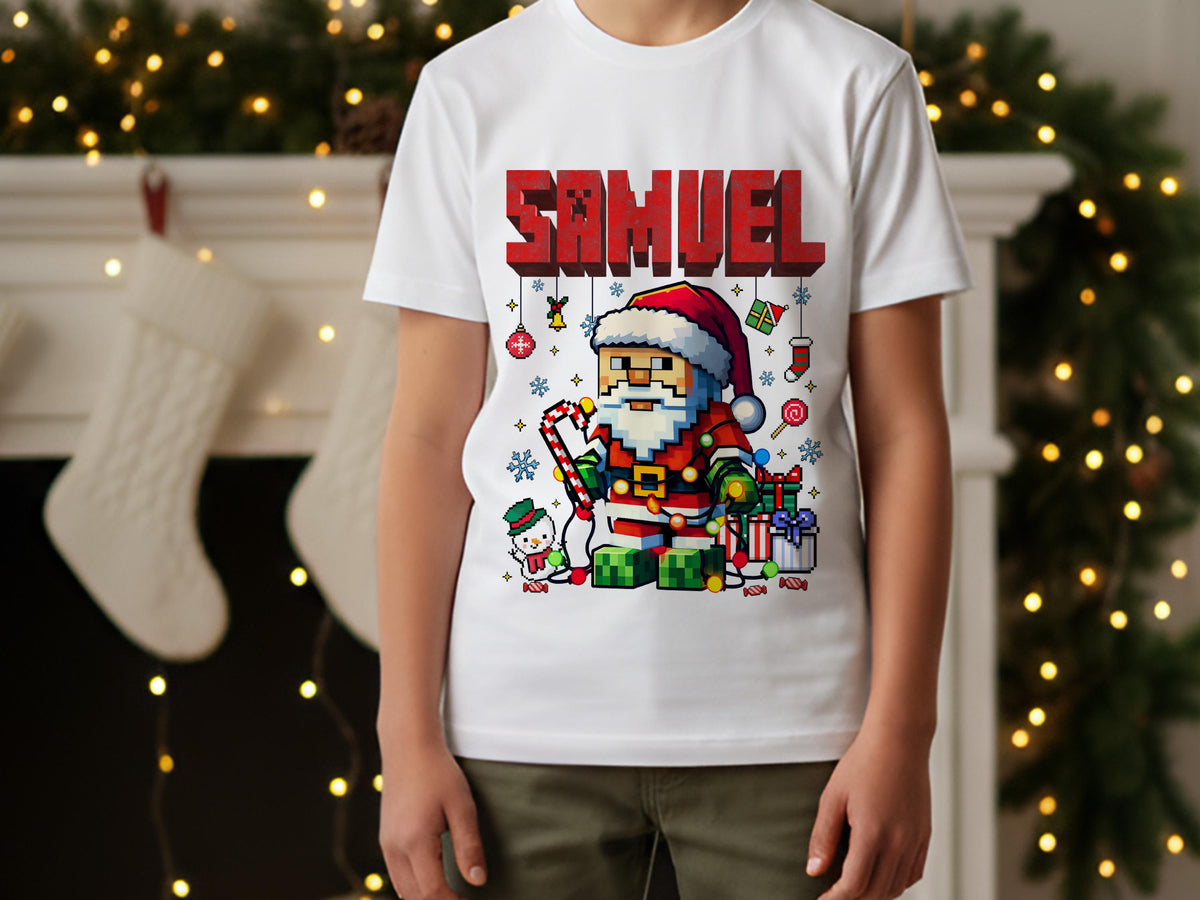 Personalized Name Pixel Santa Kids Christmas Shirt, Boys Girls Xmas Tee, Holiday Santa T-Shirt, Custom Kids Christmas Gift