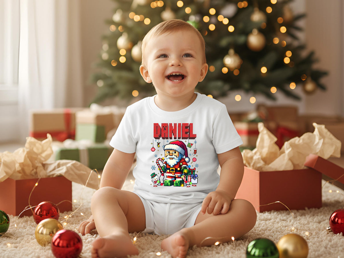 Personalized Name Pixel Santa Kids Christmas Shirt, Boys Girls Xmas Tee, Holiday Santa T-Shirt, Custom Kids Christmas Gift