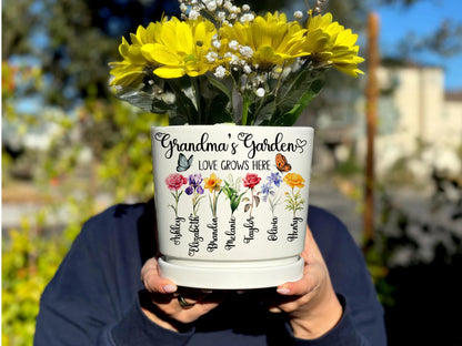 Personalized Grandma Flower Pot, Birth Month Flower Planter, Custom Garden Pot with Names, Gift for Nana, Mother’s Day Gift for Mom