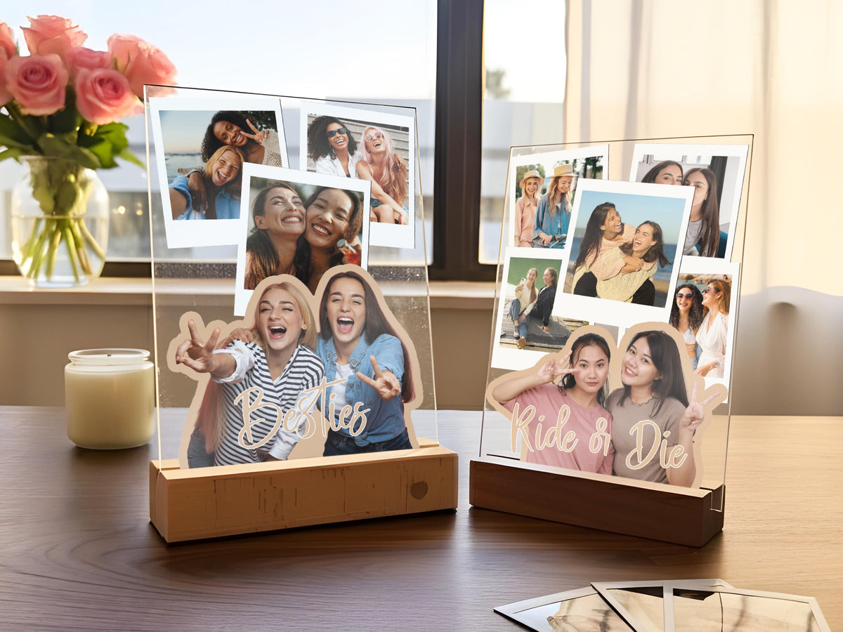 Custom Best Friend Gift Acrylic Photo Plaque, Personalized BFF Picture Collage, LED or Wood Base, Polaroid Style Photo Display for Besties