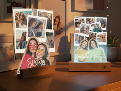 Custom Best Friend Gift Acrylic Photo Plaque, Personalized BFF Picture Collage, LED or Wood Base, Polaroid Style Photo Display for Besties