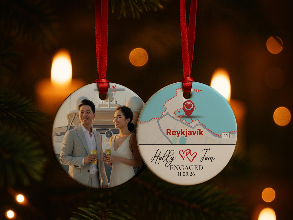 Engaged Ornament Christmas, Personalized Engagement Gifts, Where It All Began Map Ornament, Custom Christmas Couple Photo Newlywed Ornament