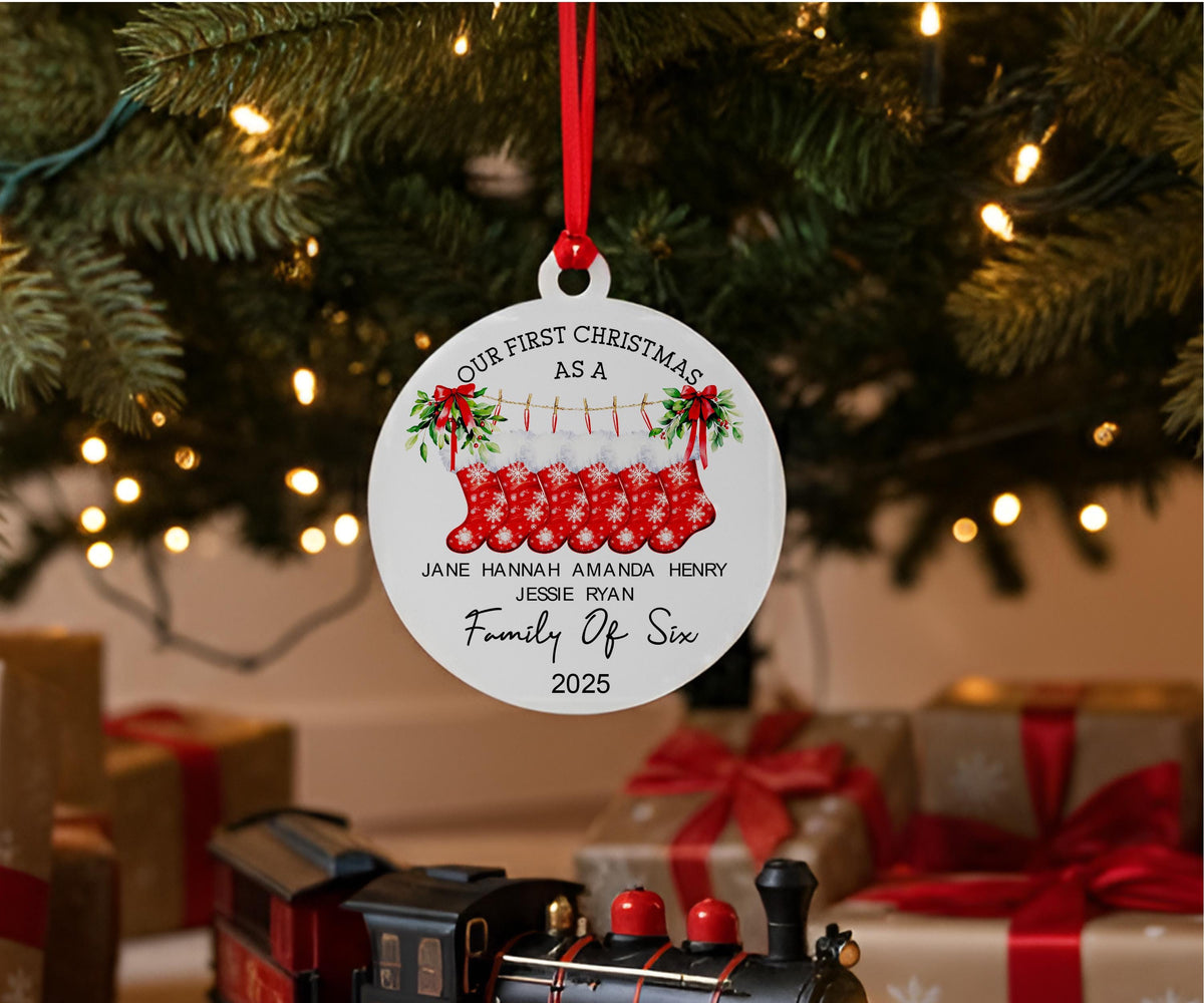 Family Christmas Stocking Ornament 2025, Personalized New Family Ornament, Our First Christmas as a Family Keepsake, Custom Family Name Gift